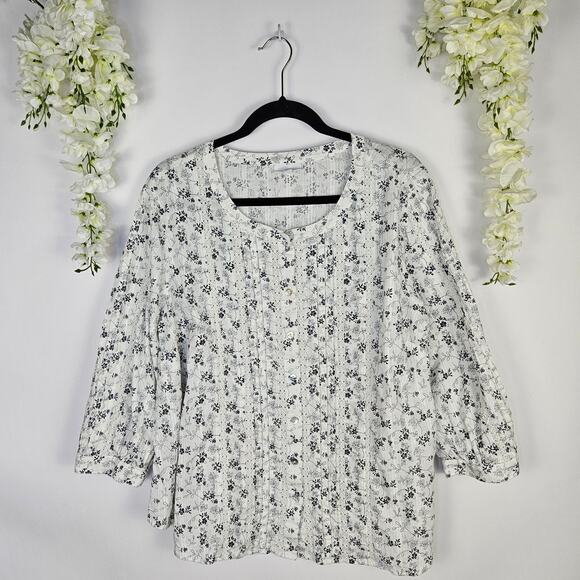 J. Jill Tops - J.Jill Pintuck Blouse White Floral Cotton Top 3/4 Sleeve Boho Cottagecore SZ XL